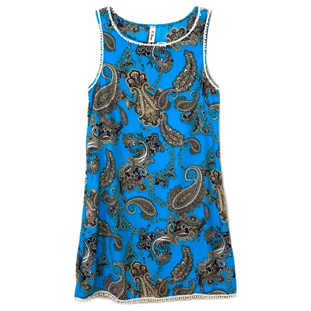 🏷 R.Rage bohemian chic Blue paisley tank dress pom-pom fringe lightweight boho